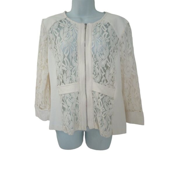 Kate & Mallory Jackets & Blazers - Kate & Mallory Ivory Lace Zip‎ Jacket Sheer Floral 3/4 Sleeve Blazer Women’s L